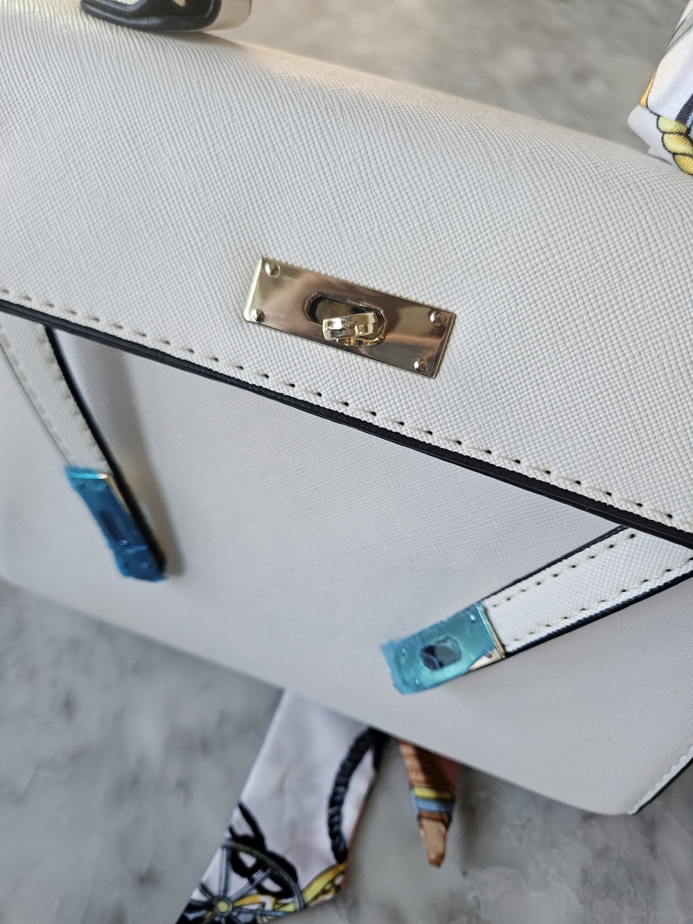 White Structured Satchel Bag Handbag Purse Crossbody Gold Hardware + 1 Xtra Stra